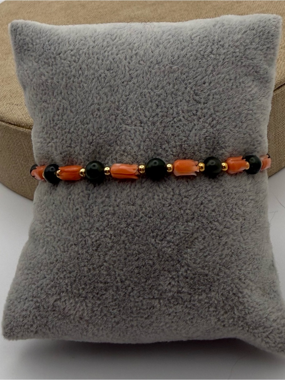 Handcrafted Orange coral and green jade Beaded Bracelet